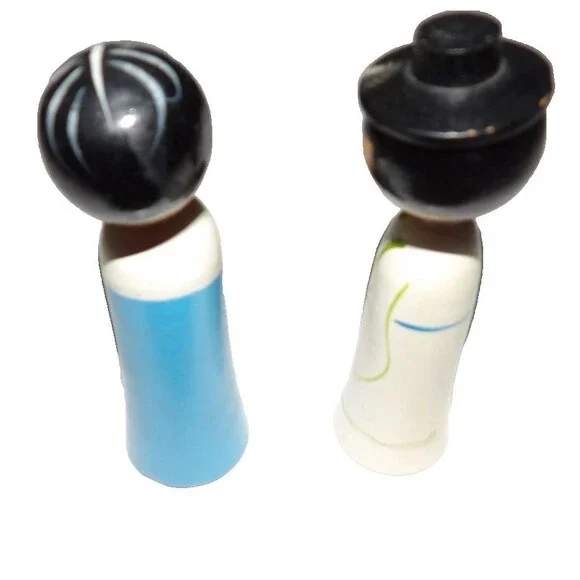 Korean Wooden Kokeshi Dolls Wedding Bride Groom Bobble Head Vintage Blue White - Picture 4 of 8